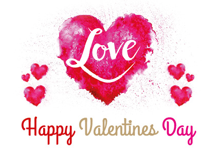 Un grande cuore rosa e rosso acquerellato con la parola Love in caratteri bianchi è circondato da cuori più piccoli. In basso, Happy Valentines Day è scritto ad arte in corsivo rosso e oro, incarnando l'elegante stile Valentinstag Vorlagen.