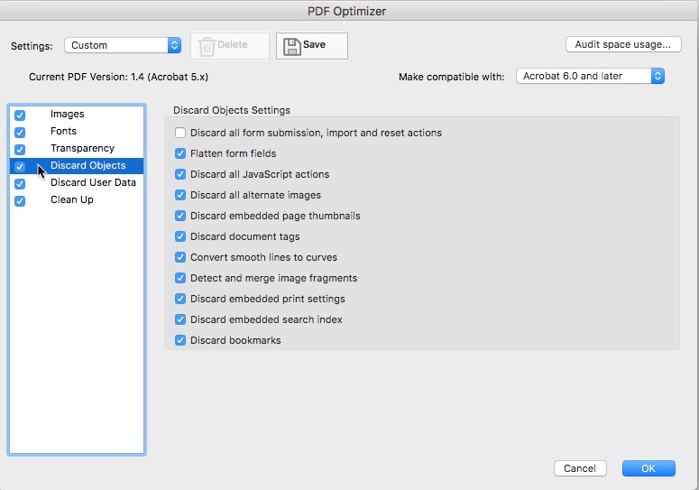 Discrad objects menu of the pdf optimizer