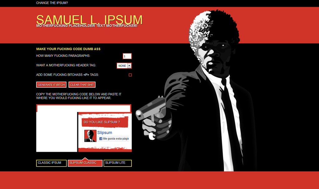 Personaggio stilizzato di un film che punta una pistola su una pagina web in grassetto rosso e nero. Il testo include istruzioni per generare testo segnaposto Ipsum, con tema umoristico Samuel L. Ipsum, con opzioni per paragrafi e tag di intestazione.