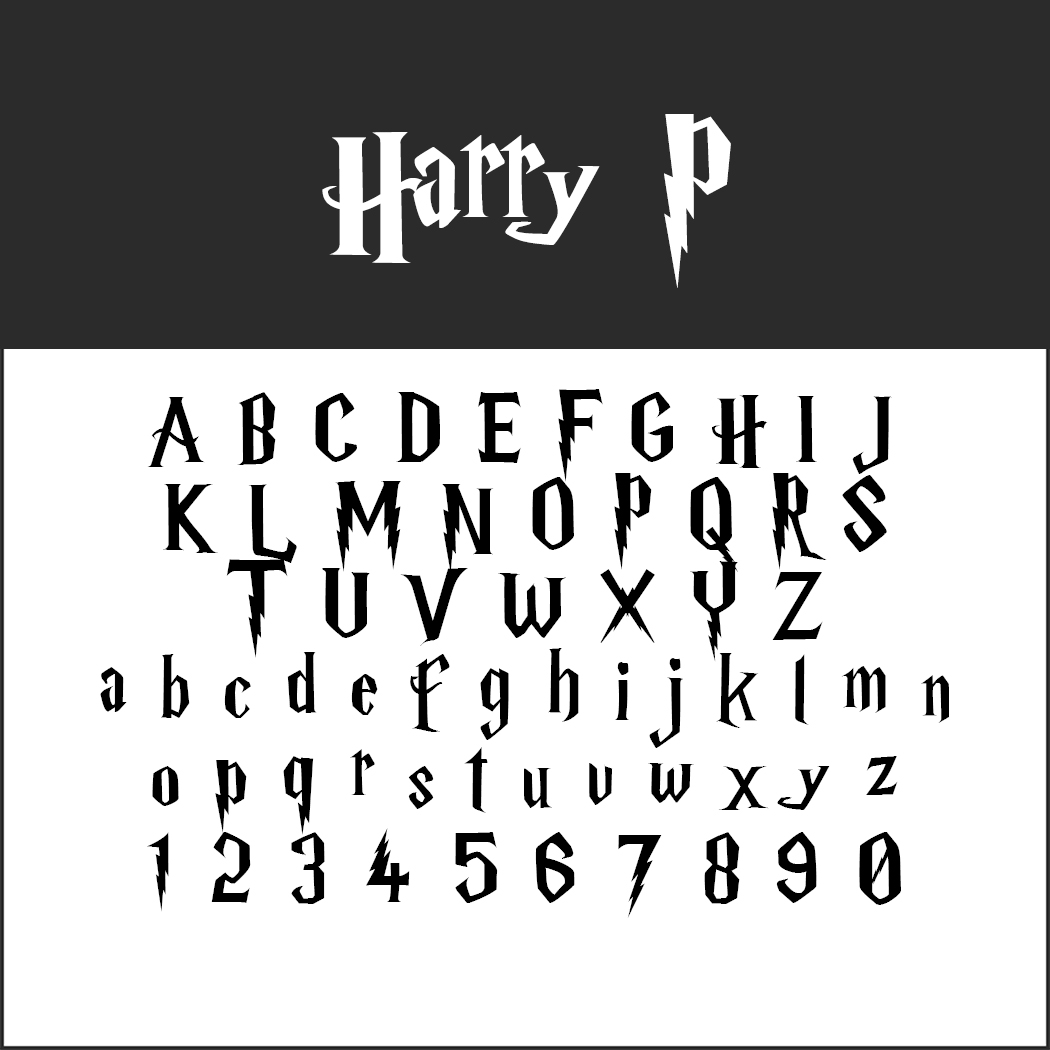 Un display che mostra la frase Harry P in un font di Harry Potter che ricorda i fulmini. In basso, l'alfabeto completo in maiuscolo e minuscolo, insieme ai numeri da 0 a 9, stilizzati in modo simile, è mostrato su uno sfondo bianco.