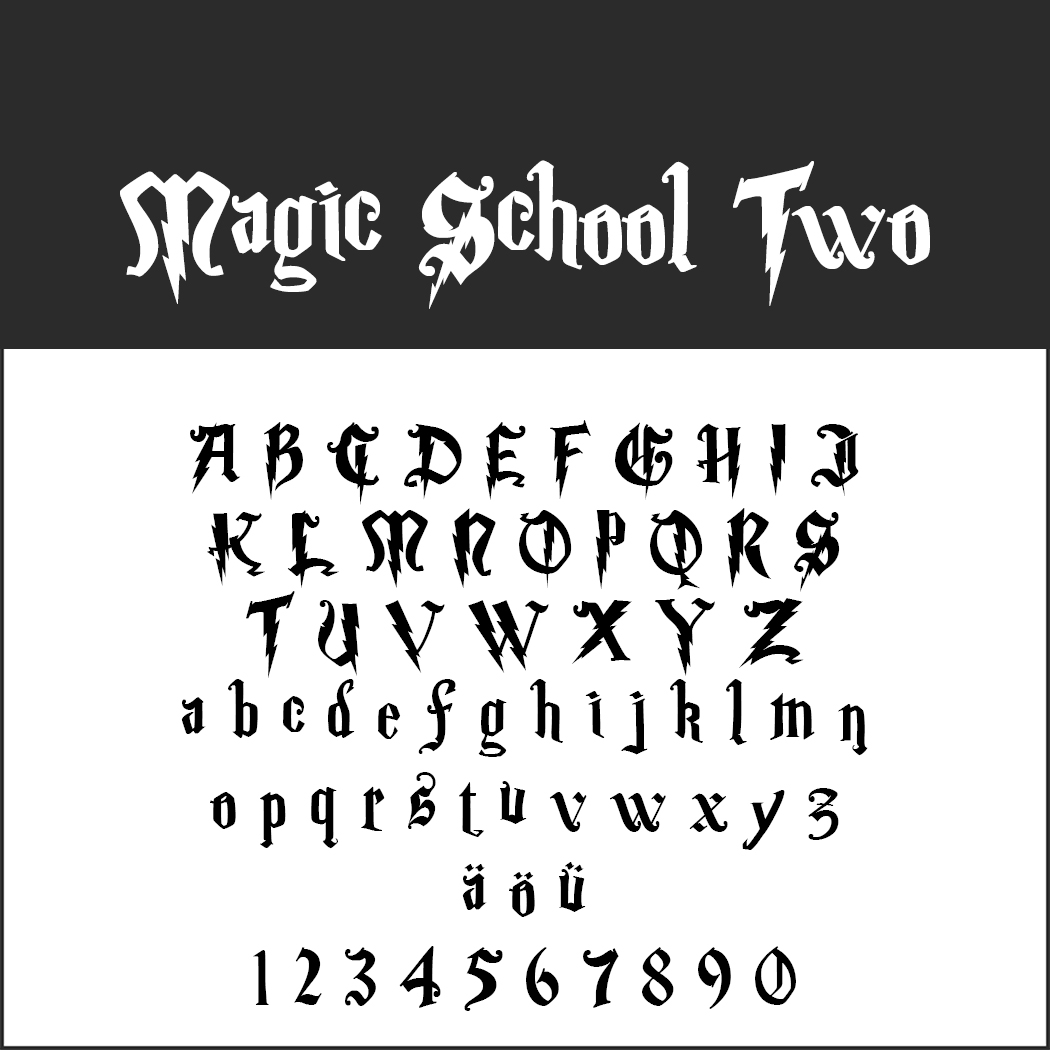 Un campione di font intitolato Magic School Two, che ricorda un font di Harry Potter, con lettere maiuscole dalla A alla Z, lettere minuscole dalla a alla z, le lettere äöü e numeri da 0 a 9 in un design elaborato e stilizzato che evoca un tema magico.