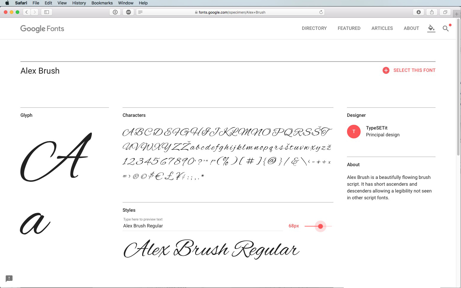 Screenshot della pagina Google Fonts per Alex Brush, un font script raffinato. Mostra i glifi, i caratteri e il nome dello stile del font: Alex Brush Regular. Sotto il nome c'è un cursore di regolazione delle dimensioni con una breve descrizione di questo elegante carattere sulla destra.