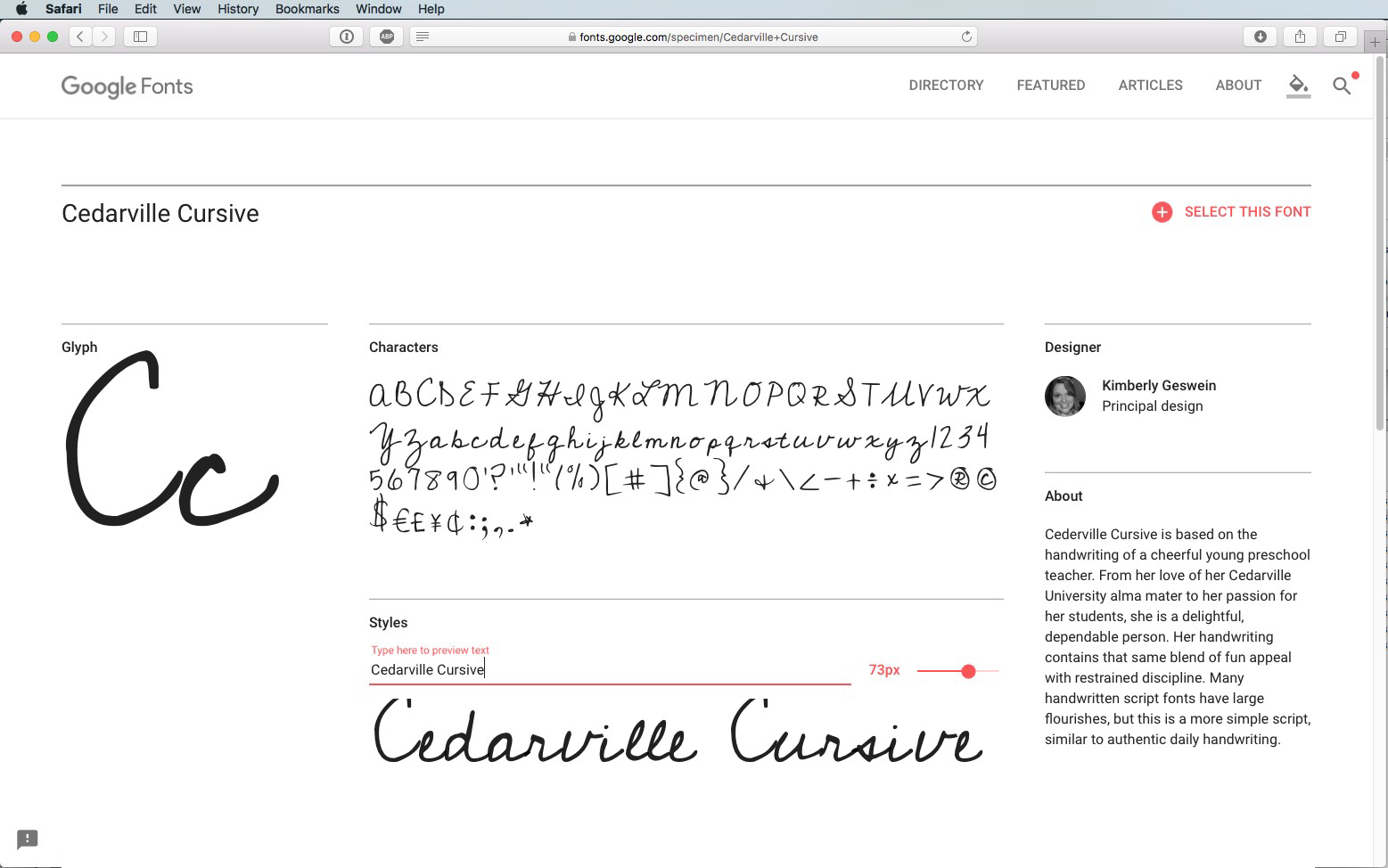 Screenshot della pagina Google Fonts per Cedarville Cursive, un font script affascinante. Mostra un esempio dello stile corsivo, un set di caratteri completo e uno slider di stile impostato a 72px. Include dettagli del designer e una breve descrizione del font.