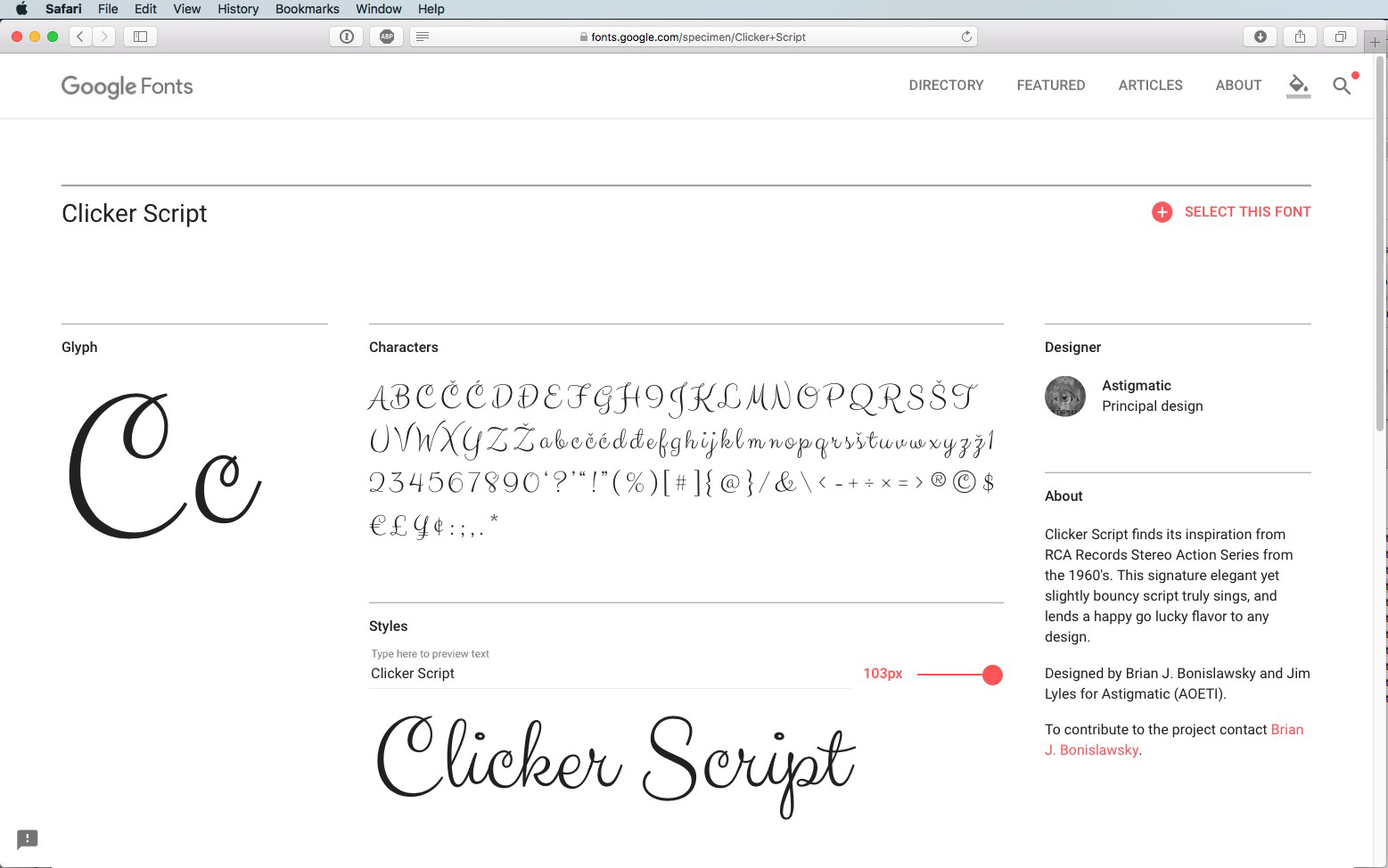 Screenshot della pagina Google Fonts per Clicker Script Font. Presenta un set di caratteri corsivo ed elegante, presenta un cursore di dimensione regolabile e offre opzioni per la selezione del font. Informazioni sul designer: Astigmatic Principal Design.