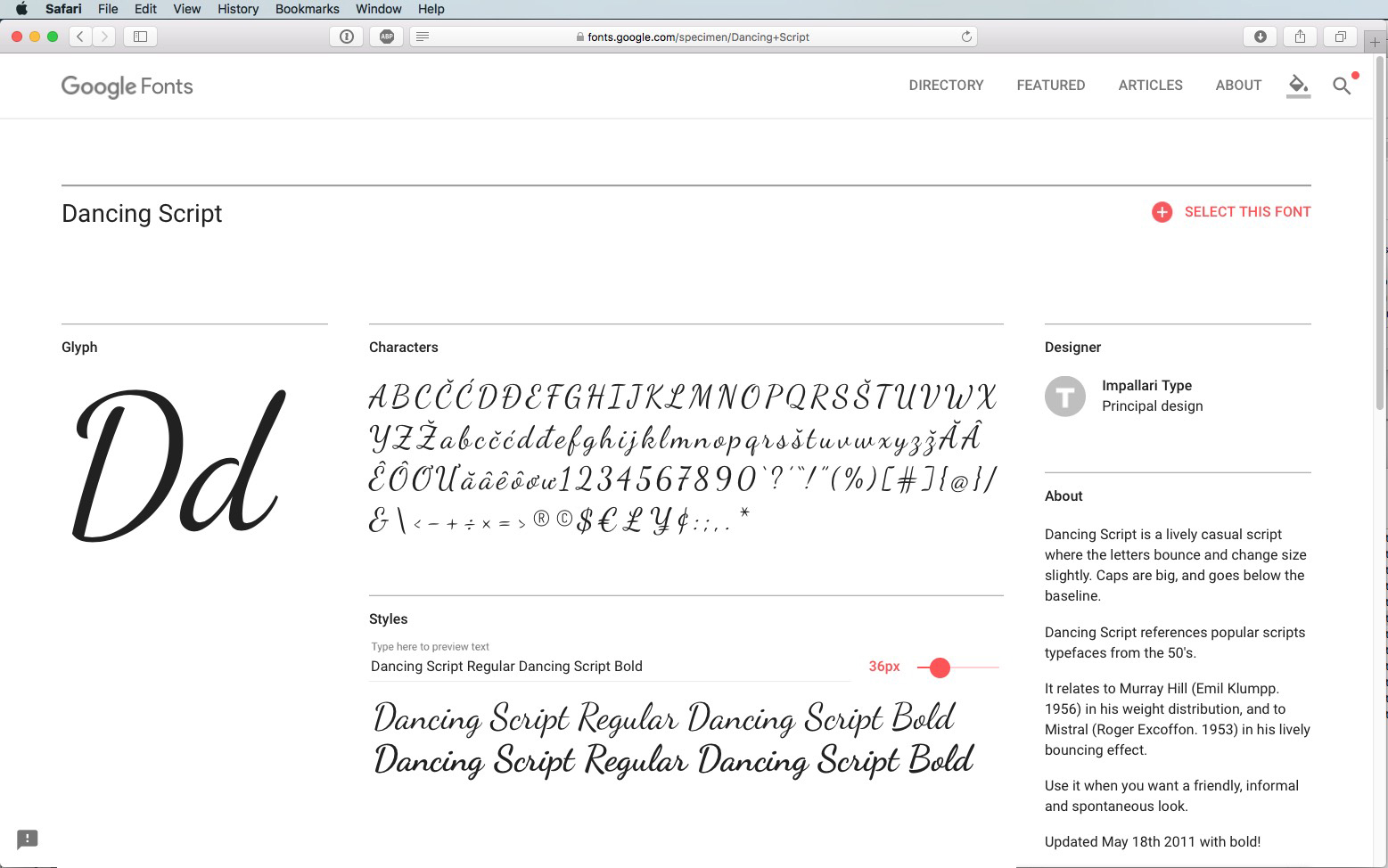 Screenshot della pagina Google Fonts per l'elegante font Dancing Script. La pagina mostra l'alfabeto in questo vivace stile di scrittura, offre opzioni come Regular e Bold, un pulsante Select this font e dettagli sul talentuoso designer di font.