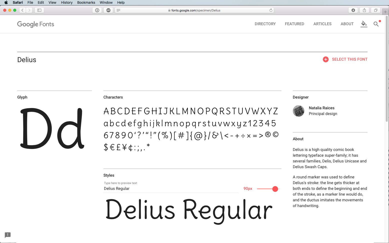 Screenshot della pagina Google Fonts per il font Delius, un font script giocoso. Mostra Delius sia in dimensioni grandi che normali, mostrando tutti i caratteri alfabetici, numeri e simboli. La pagina include dettagli sul progettista del font e una breve descrizione.