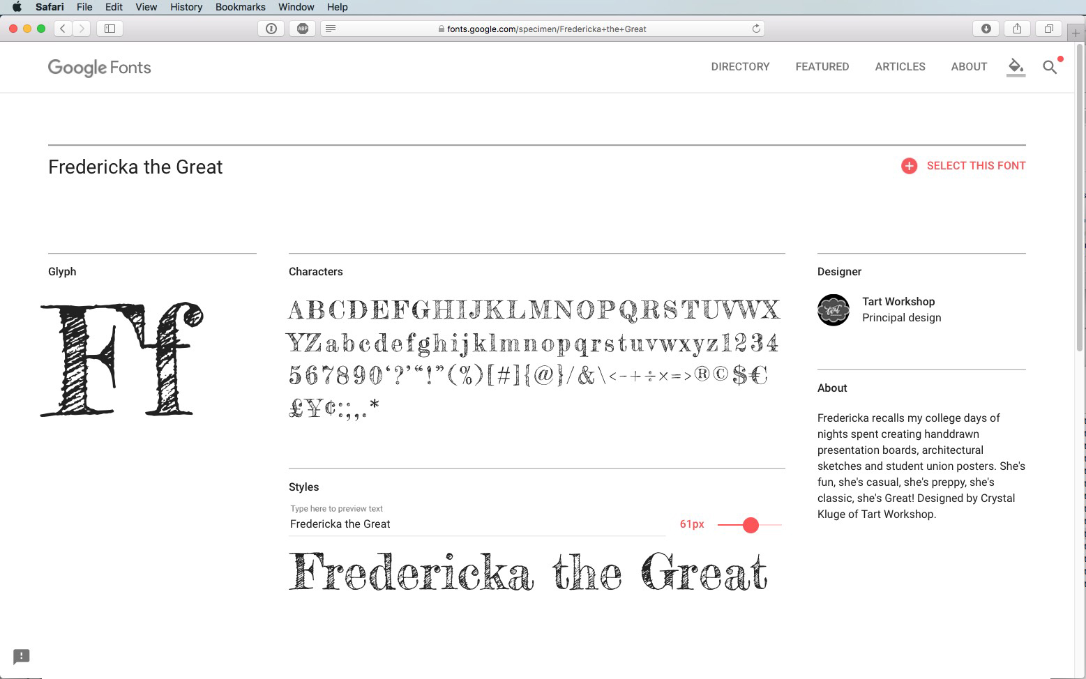 Screenshot della pagina di Google Fonts per il font Fredericka the Great. Questo font script presenta lettere maiuscole, minuscole, numeri e simboli in uno stile vintage e usurato. Le informazioni del designer e un cursore delle dimensioni sono visualizzati sulla destra.
