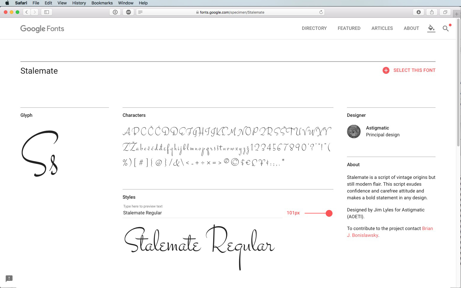 Screenshot della pagina Google Fonts per Stalemate. Mostra i glifi corsivi dell'elegante font script, le opzioni di stile e un cursore rosso per la regolazione delle dimensioni. La pagina fornisce anche dettagli sul progettista del font e informazioni sull'utilizzo.