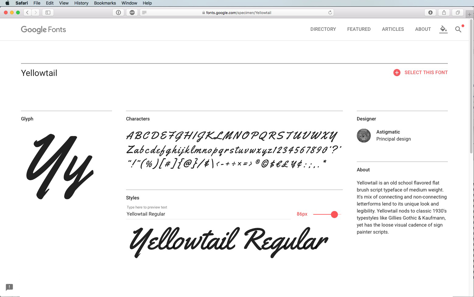 Screenshot della pagina Google Fonts per Yellowtail, un font script che mostra il suo carattere elegante e fluido. Esempi di caratteri e "Yellowtail Regular" in testo grande dominano la vista, con un pratico cursore sulla destra per regolare senza sforzo le dimensioni del testo.