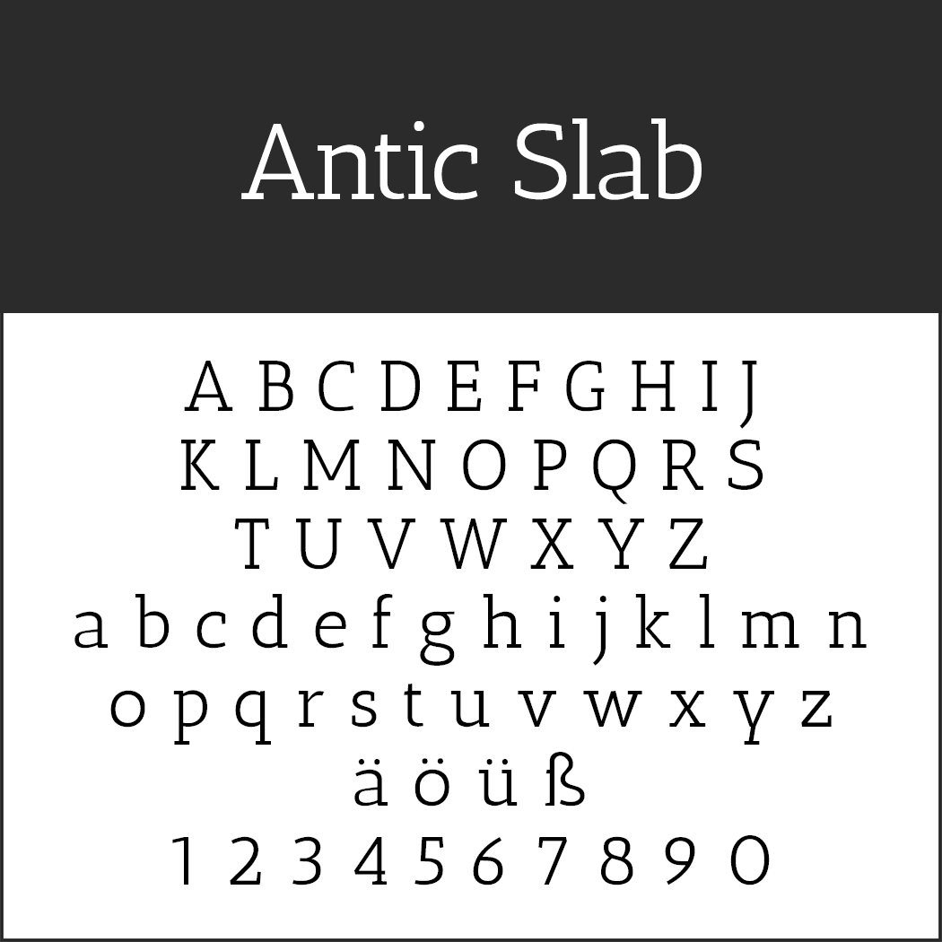 Immagine campione del font intitolato Antic Slab, un carattere Serifenschriften, che presenta le lettere maiuscole dalla A alla Z, le lettere minuscole dalla a alla z con dieresi ä, ö, ü, la S diesis ß e i numeri da 0 a 9.