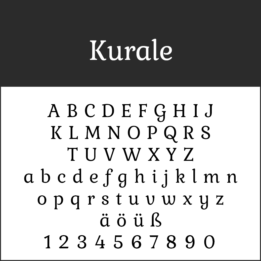 Esempio di font stilizzato intitolato Kurale visualizzato, con Serifenschriften. Include lettere maiuscole e minuscole, caratteri speciali ä, ö, ü, ß e numeri da 0 a 9. Lo sfondo è bianco e nero.