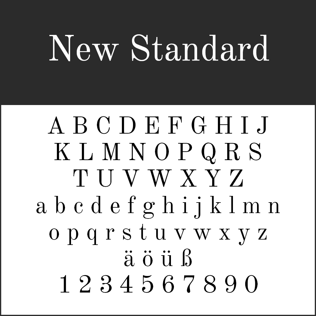 Un esempio tipografico intitolato New Standard mette in mostra l'eleganza di Serifenschriften, con lettere maiuscole e minuscole dalla A alla Z, insieme ai caratteri speciali ä, ö, ü, ß e numeri da 0 a 9, il tutto in un raffinato stile di carattere serif.