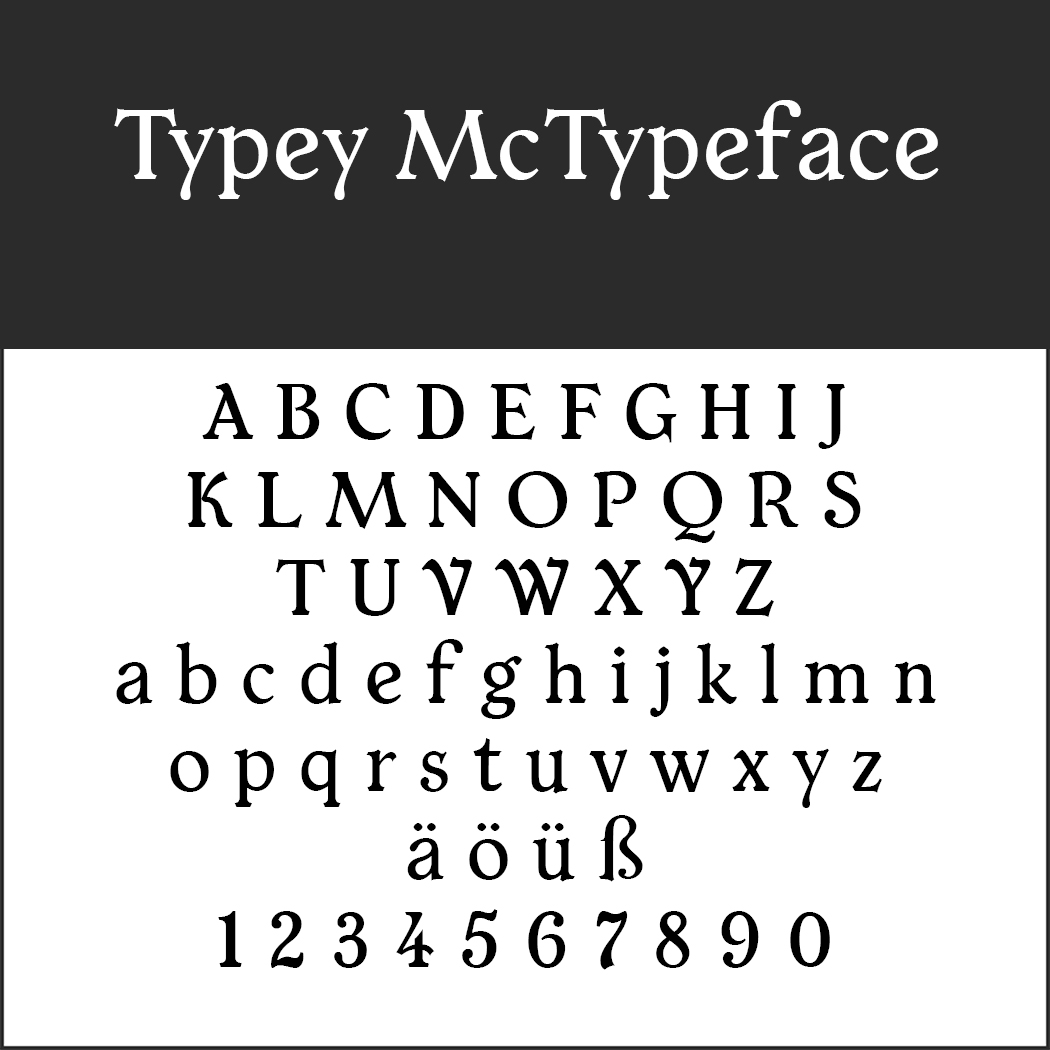 Un display in bianco e nero mostra il font Typey McTypeface in alto. In basso, uno stile serifenschriften rivela lettere maiuscole e minuscole dalla A alla Z, numeri da 0 a 9 e caratteri per ä, ö, ü e ß.