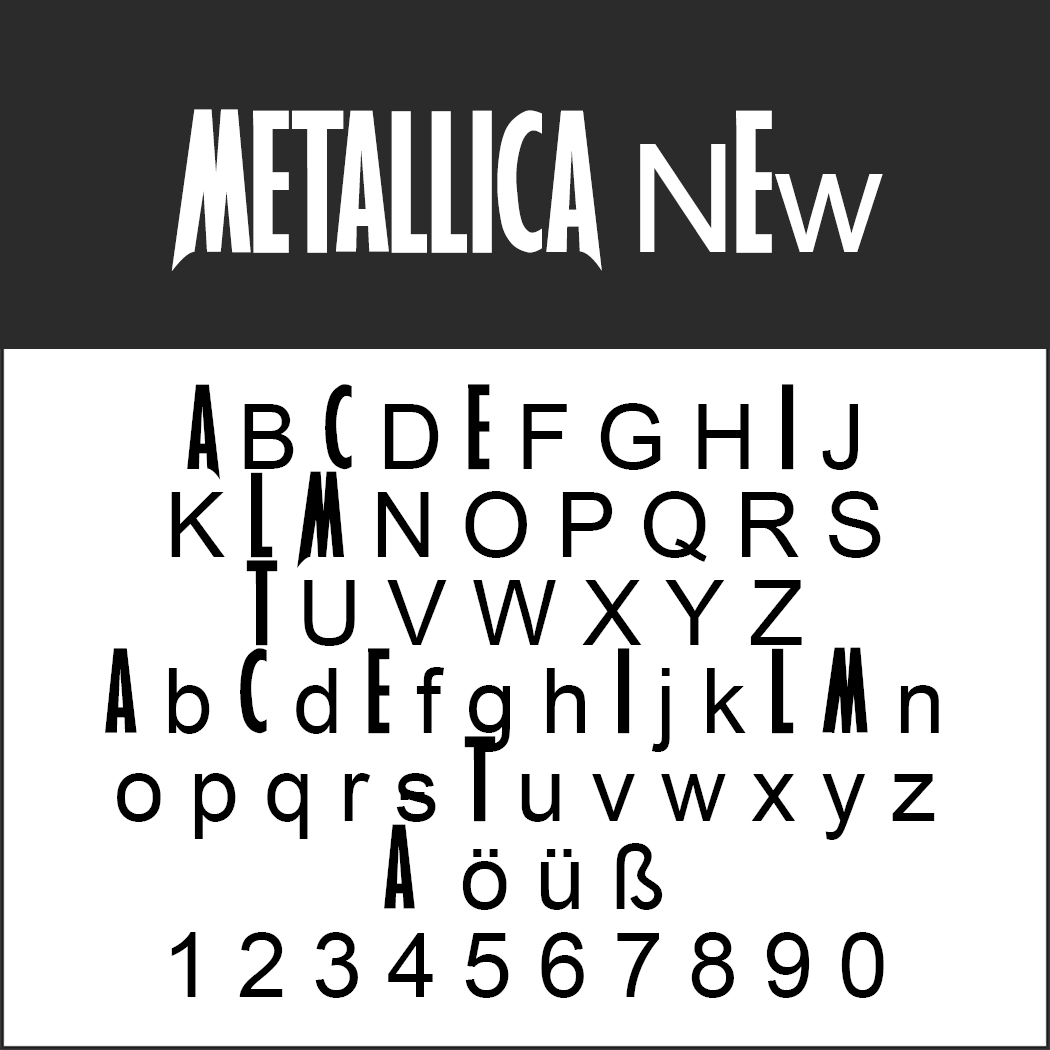 Un esempio di font intitolato Metallica New presenta il font Metallica in grassetto e stilizzato con alfabeti maiuscoli e minuscoli, caratteri speciali Ä, ö, ü, ß e numeri da 0 a 9.