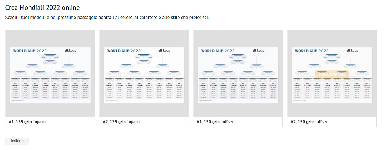 Screenshot di un'interfaccia online che mostra le opzioni per la Coppa del Mondo 2022. Quattro modelli simili appaiono uno accanto all'altro, ognuno con un layout di tabellone del torneo. Il testo sopra recita "Crea Mondiali 2022 tabelloni online". Le opzioni includono formati e finiture A4.