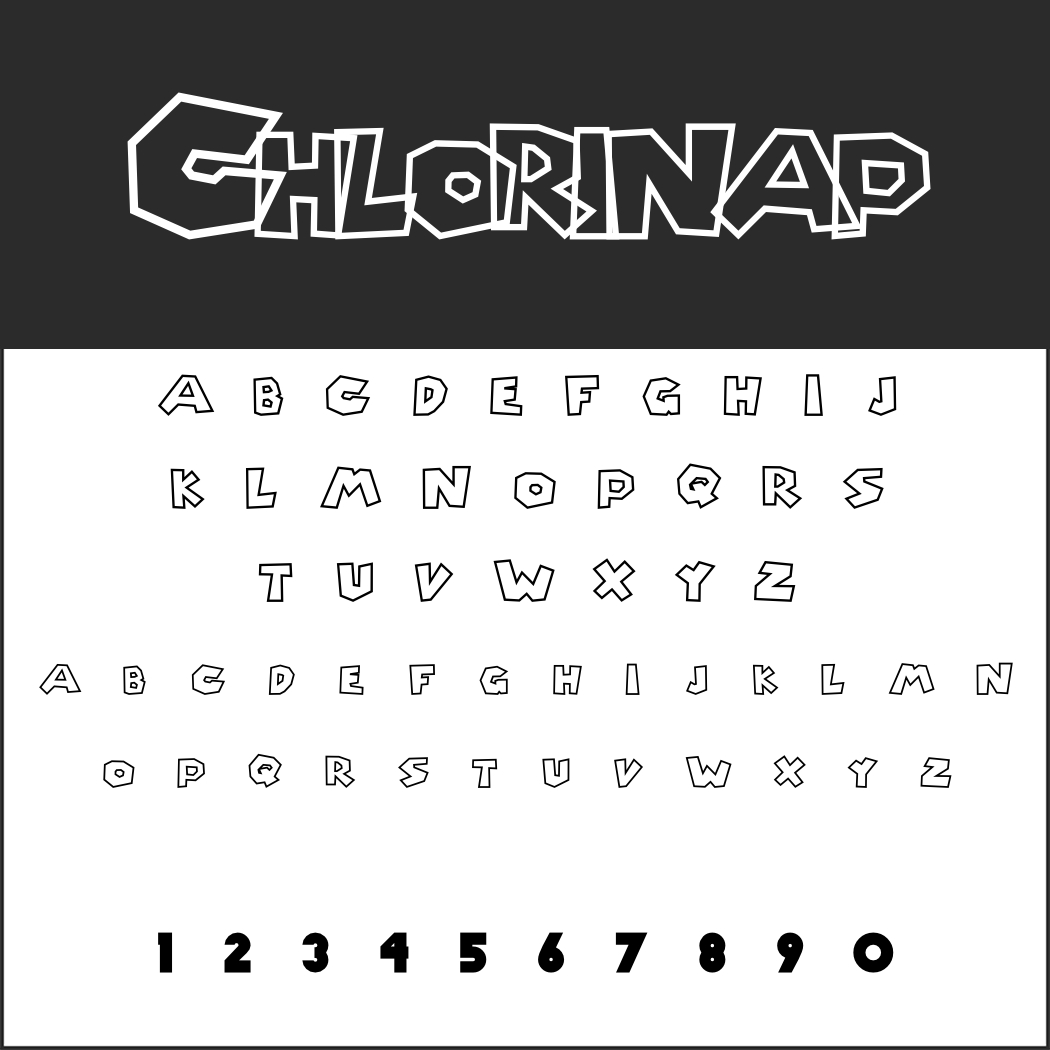 Alfabeto grafico e audace con lettere e numeri nitidi e spigolosi in uno stile unico che ricorda il Font di Super Mario. In alto è evidenziata la parola CHLORINAP in un font stilizzato. In basso, alfabeti e numeri maiuscoli e minuscoli completi da 0 a 9 nello stesso stile.