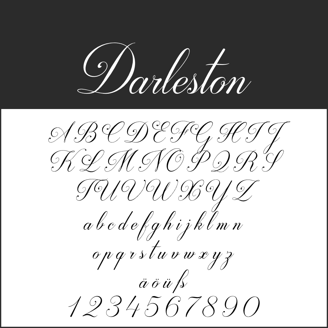 Elegante esempio di carattere corsivo in scrittura calligrafica, con la parola Darleston in caratteri decorativi. Include alfabeti maiuscoli e minuscoli, nonché numeri e caratteri speciali (ä, ö, ü, ÿ) in un classico design in bianco e nero.