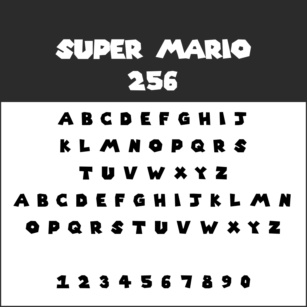 L'immagine mostra il Font di Super Mario, caratterizzato da un alfabeto stilizzato e numeri ispirati a Super Mario 256. Include lettere maiuscole dalla A alla Z e numeri da 0 a 9 in un font squadrato e giocoso su uno sfondo bianco.