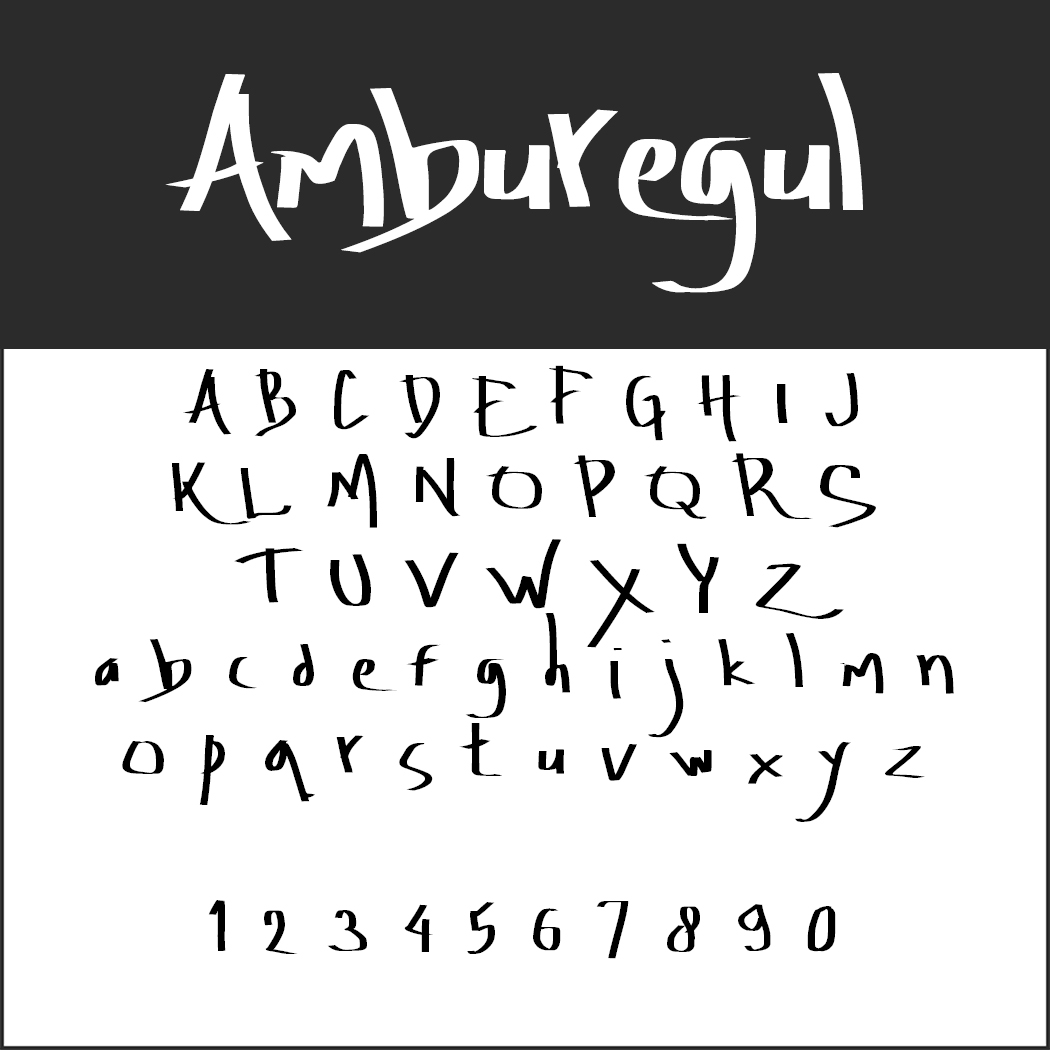 Scopri l'eleganza di Amburegul, dove l'alfabeto e i numeri sono realizzati in un font artistico scritto a mano. Le lettere maiuscole dalla A alla Z e le minuscole dalla A alla Z danzano accanto ai numeri dallo 0 al 9 in uno stile unico e ondulato che evoca la scrittura calligrafica.