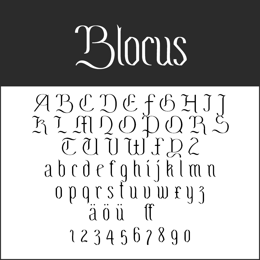 Font stilizzato intitolato Blocus visualizzato in testo nero su sfondo bianco, con alfabeti maiuscoli e minuscoli, caratteri speciali e numeri da 0 a 9. Il font trasuda scrittura calligrafica con il suo design di ispirazione medievale.