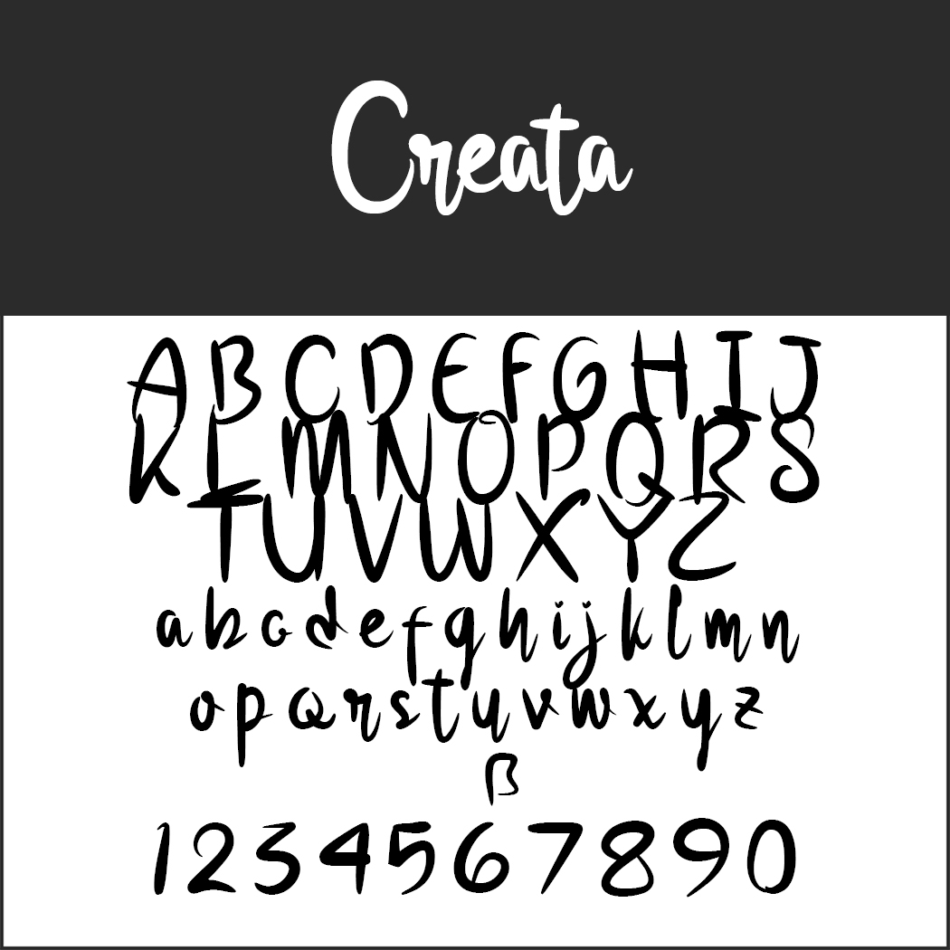 Un display di font in bianco e nero con il nome Creata in alto. Sotto, è mostrato l'alfabeto: maiuscole, minuscole e numeri da 0 a 9, in uno stile giocoso e disegnato a mano che ricorda la scrittura calligrafica.