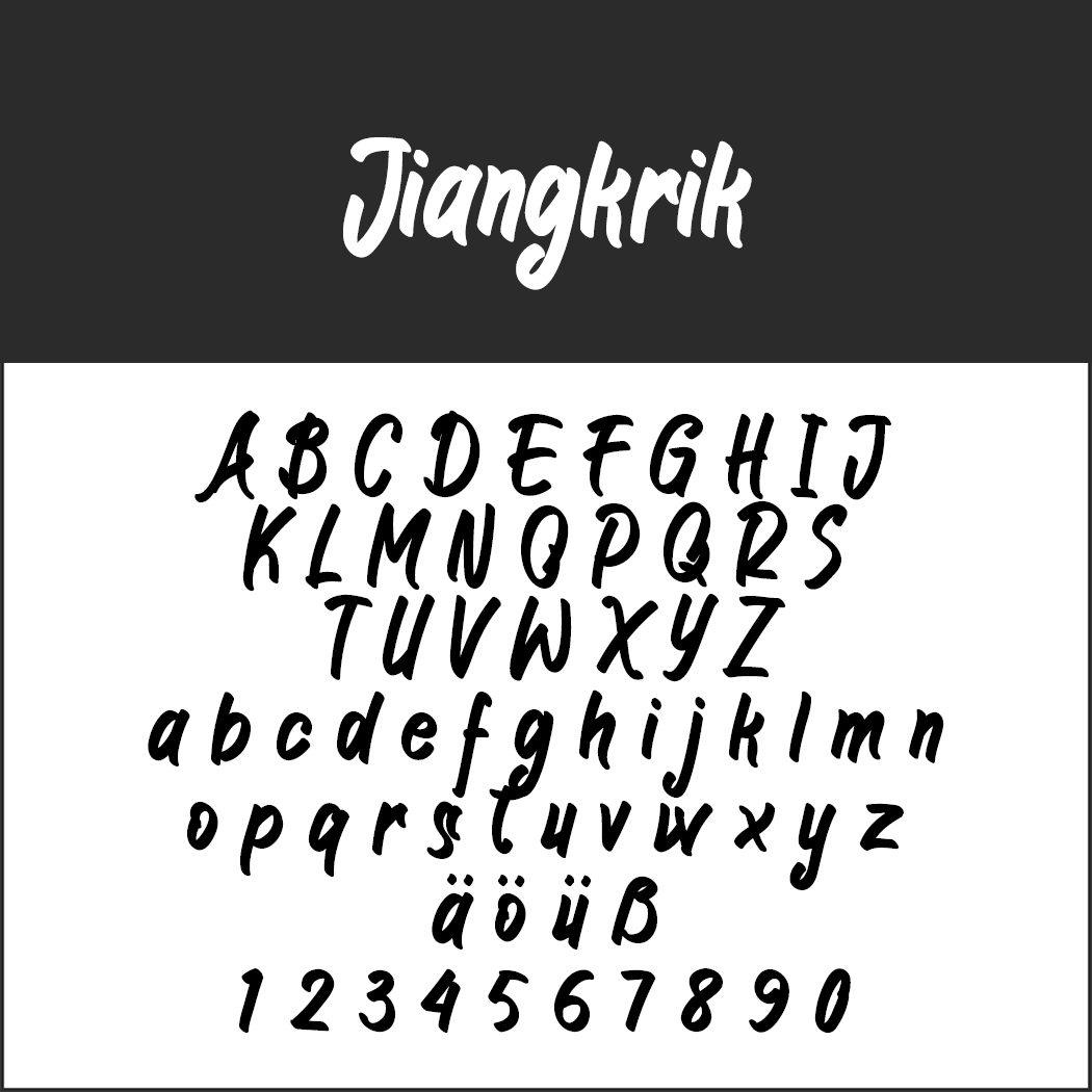 Un campione di font intitolato Jiangkrik mostra alfabeti maiuscoli e minuscoli, caratteri speciali e numeri in uno stile scritto a mano che ricorda la scrittura calligrafica. I caratteri sono in grassetto e leggermente inclinati.