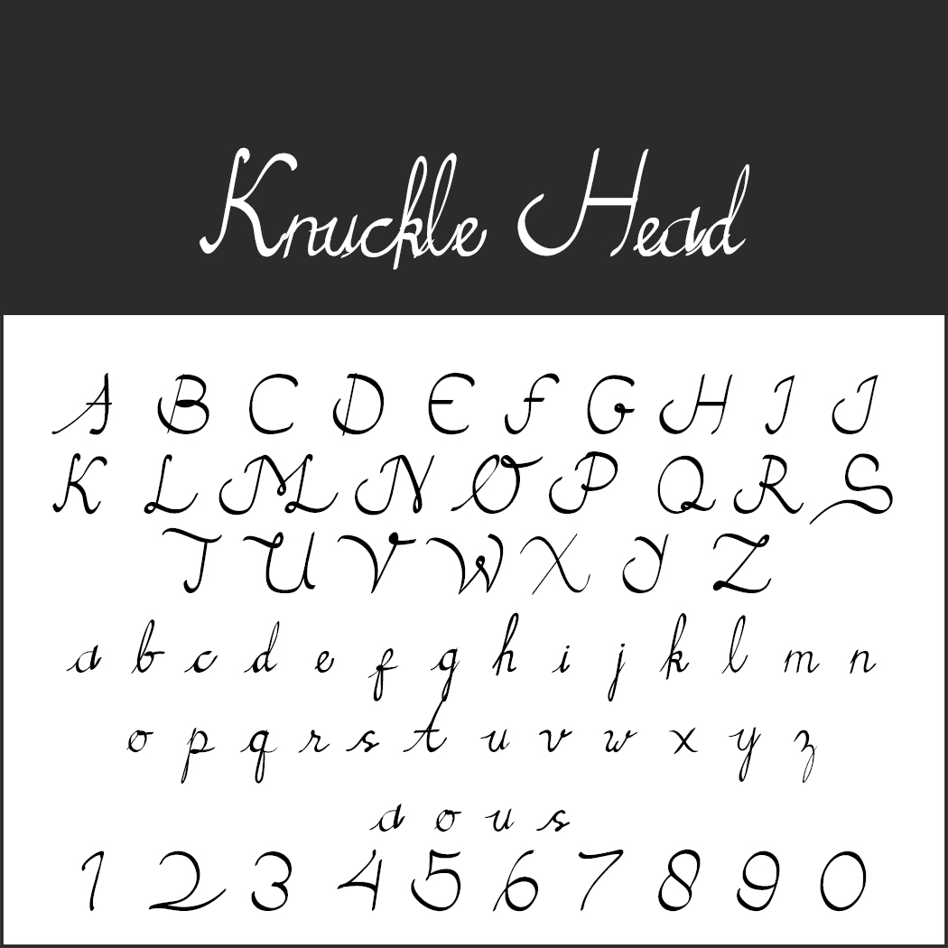 L'immagine mostra il font Knuckle Head, uno squisito esempio di scrittura calligrafica. Presenta lettere maiuscole dalla A alla Z, minuscole dalla a alla z e numeri dallo 0 al 9 in uno stile corsivo fluido su uno sfondo bianco.
