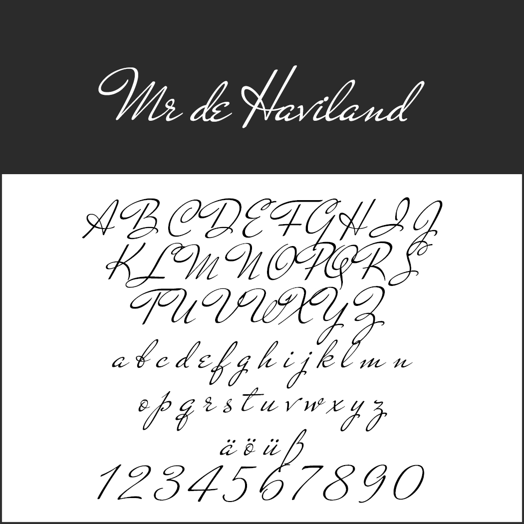 Elegante esempio di scrittura calligrafica intitolato Mr de Haviland, che presenta un carattere corsivo con lettere maiuscole, lettere minuscole, numeri e caratteri dieresi su uno sfondo bianco immacolato.