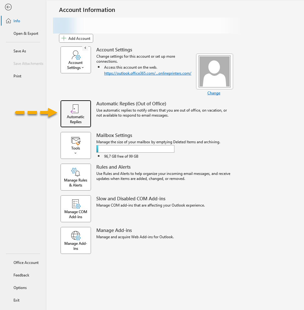 Schermata - Informazioni sull'account Microsoft Outlook