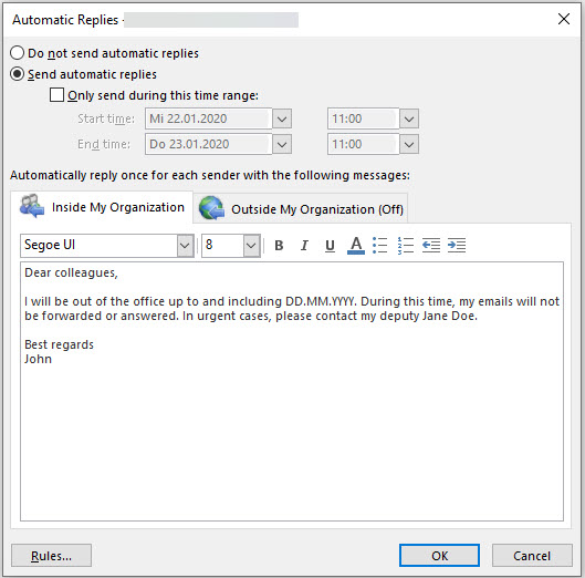 Finestra di Outlook per la modifica della risposta automatica