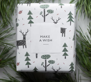 Un regalo avvolto in carta con illustrazioni di alberi verdi e renne. Un'etichetta quadrata bianca sulla confezione recita Make a Wish. Il regalo è circondato da rami sempreverdi.