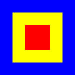 Un disegno geometrico con un quadrato rosso al centro, circondato da un quadrato giallo, che è ulteriormente circondato da un quadrato blu più grande.