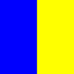 Un'immagine divisa verticalmente con la metà sinistra in blu uniforme e la metà destra in giallo uniforme.